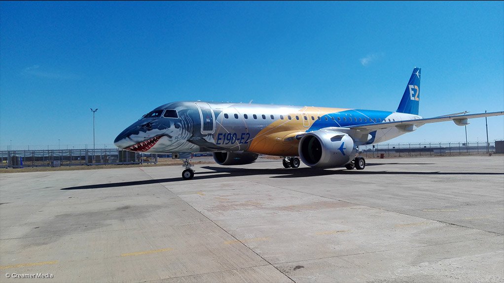 An Embraer E190-E2 airliner at Johannesburg’s OR Tambo International Airport, while on an international demonstration tour. This is one of the types that will fall under the Embraer/Boeing JV