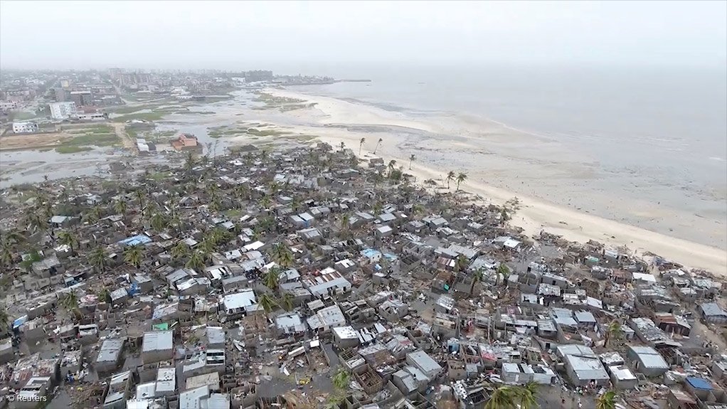 Cyclone Idai's destruction over Praia Nova in Mozambique 