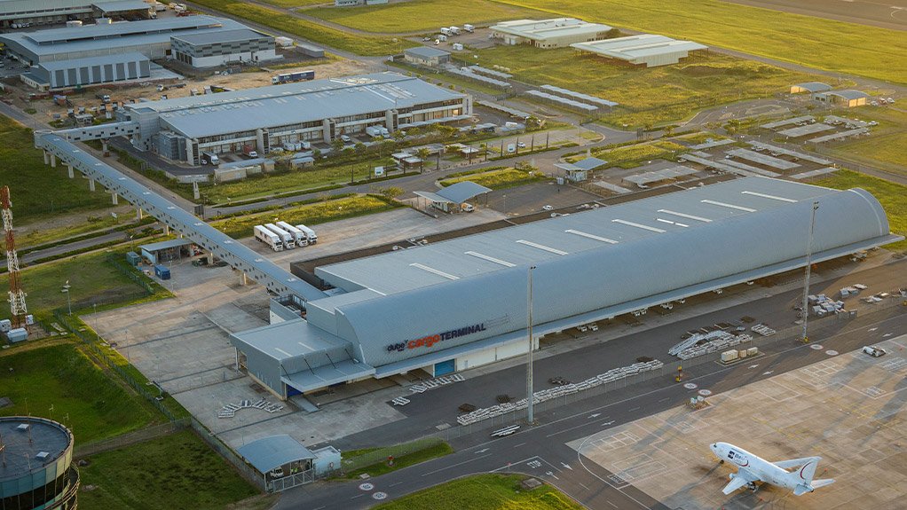 ATTRACTING A LOT OF TRAFFIC An aerial view of the Dube TradePort’s air cargo terminal at King Shaka International Airport. A small part of the TradeZone is visible beyond the rear building of the air cargo terminal complex