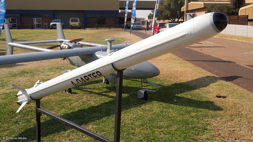Two Denel products: the A-Darter air-to-air missile and, behind, the Seeker unmanned aerial vehicle