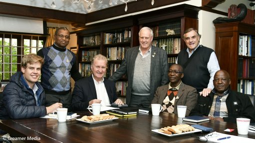 From left Blyvoor Gold deputy chairperson Richard Floyd, BEE of Blyvoor spokesperson Wels Sempe, Mining Weekly’s Martin Creamer, Blyvoor Gold CEO Alan Smith, Blyvoor Gold spokesperson Joseph Rammusa, Blyvoor Gold chairperson Peter Skeat and Community of Blyvoor spokesperson Johannes Tala.