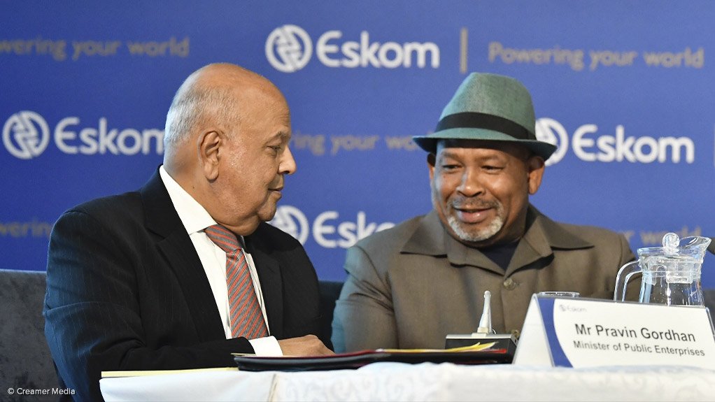 Public Enterprises Minister Pravin Gordhan and Eskom acting CEO Jabu Mabuza