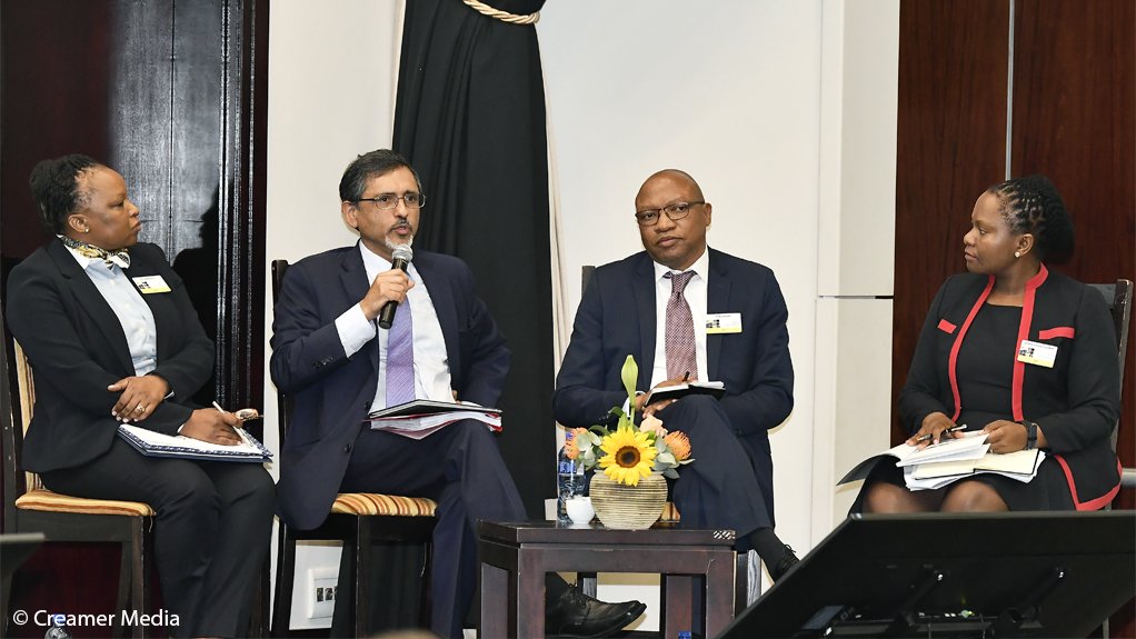 Minister Ebrahim Patel (with mic) alongside IDC chairperson Busi Mabuza (left), CEO TP Nchocho and CFO Nonkululeko Dlamini