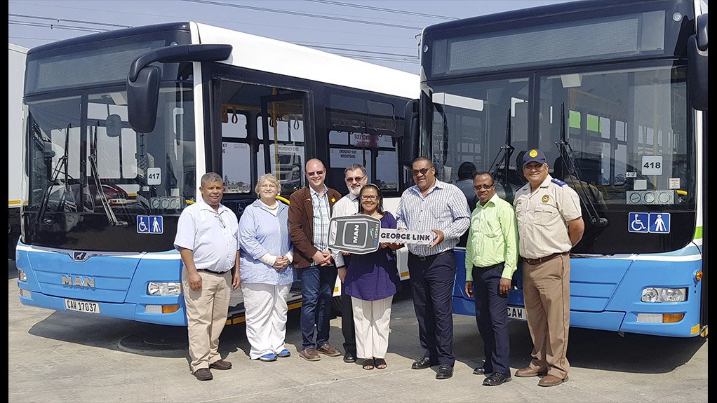 Handover. From left: Lionel Fortuin (director), Manon McDonald (George Municipality Fleet Manager), James Robb (GO GEORGE Manager), Hannes Wannenburg (George Link CFO), cllr Charlotte Clarke (Deputy Mayor), John Heathcote (director), Aliva George (director) and Richard von Wielligh (representing the Director of Protection Services, George Municipality) 