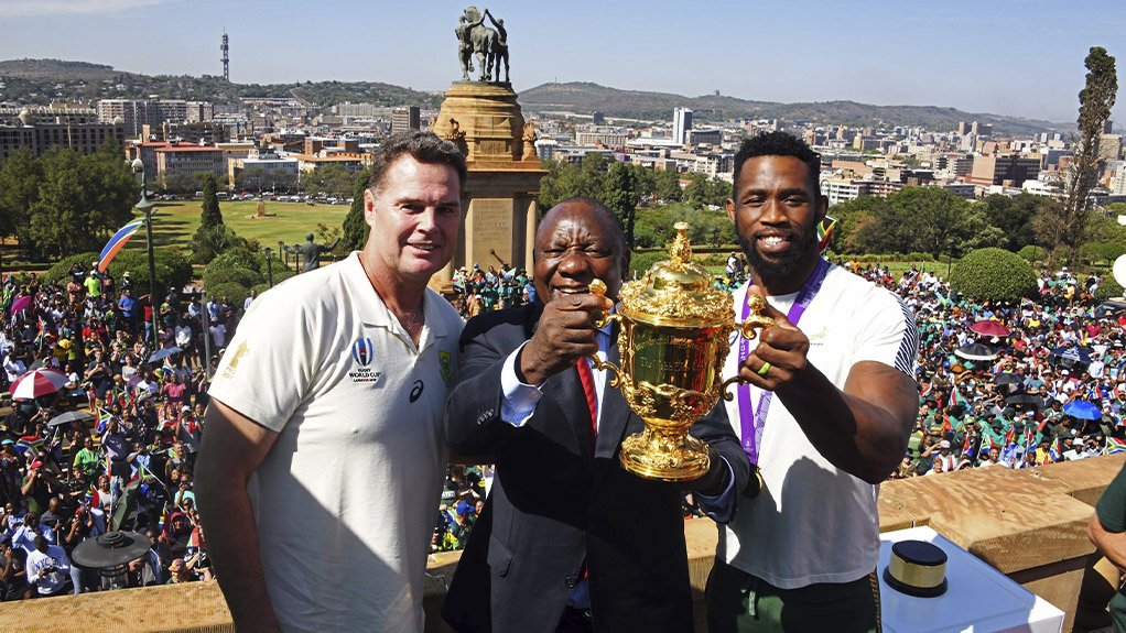 Springboks Coach Rassie Erasmus, President Cyril Ramaphosa, Springboks Captain Siya Kolisi