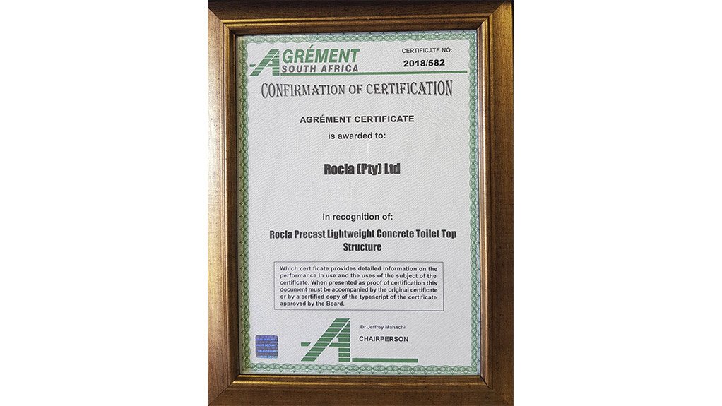 Agrément South Africa awards Rocla Certificate of Recognition for Lightweight Top Structure of Sanitation Units