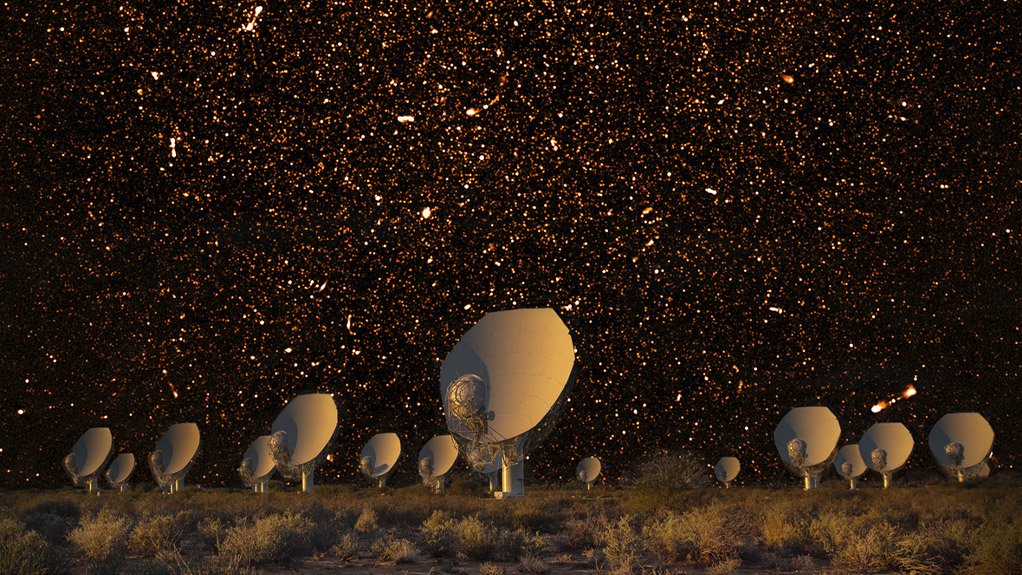 A composite image of radio galaxies and the MeerKAT array.