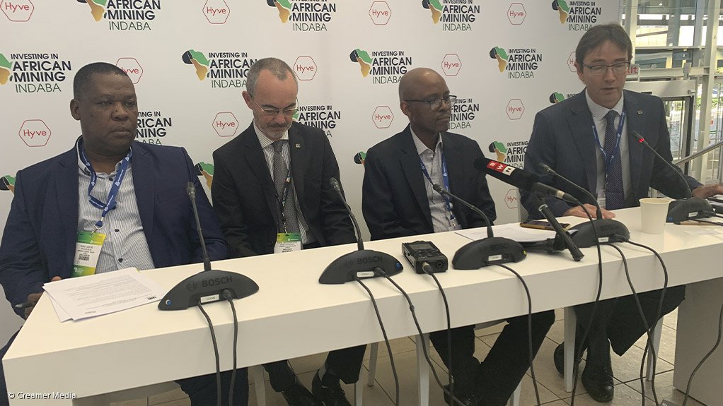 Minerals Council senior executive of environment, health and legacies Nikisi Lesufi, chief economist Henk Langenhoven, president Mxolisi Mgojo and CEO Roger Baxter participating in a discussion at the 2020 Investing in African Mining Indaba.