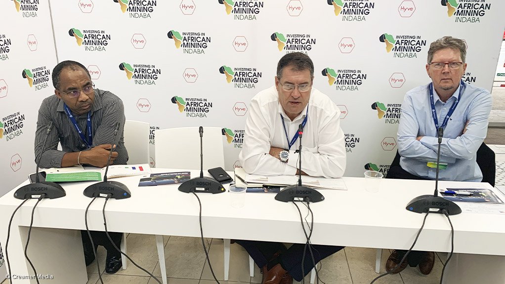 Minerals Council social performance head Alex Khumalo, junior miners leadership forum chairperson Errol Smart and junior and emerging miners' desk head Grant Mitchell in a briefing at the 2020 Investing in African Mining Indaba