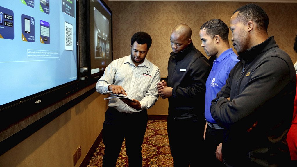 The Theodora Boardroom in the Convention Centre it boasts two 86-inch 4K interactive LCDs, two 65 inch 4K comfort monitors for ease of content viewing, high sensitivity microphones and full surround sound offering businesses of any size the opportunity to compete on a global scale. From left: Questek Advanced Technogies’ Kenneth Rampa, Palace of Dreams staff members, Vuyo Magula, Marchel Primo and Silas Mofokeng