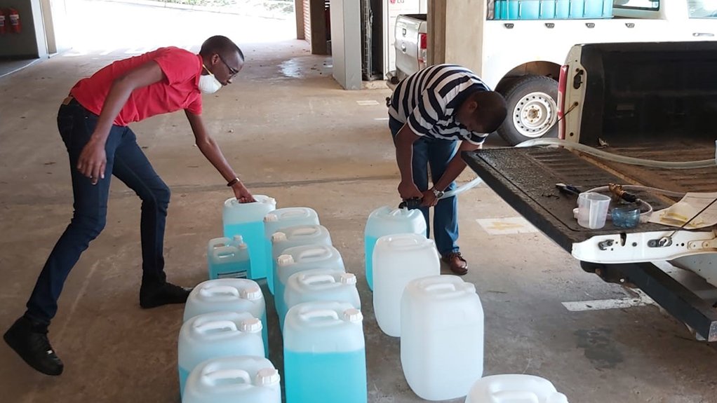 Sanitiser was decanted into containers that were distributed to local clinics