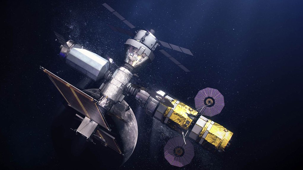  An artist’s impression of the fully assembled Gateway space station orbiting the Moon, with (top) an Orion spacecraft docked with it