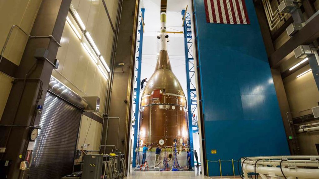 The full stack fo the Orion STA, including adaptors and the jettisonable fairing, in Lockheed Martin’s reverberant acoustic test chamber