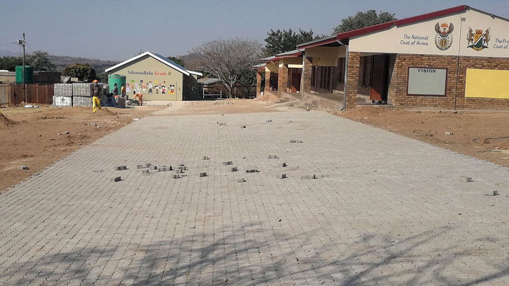 12 metre fully insulated containerised open plan office unit and paving donated to Mpumulanga primary school by Rocla and Technicrete