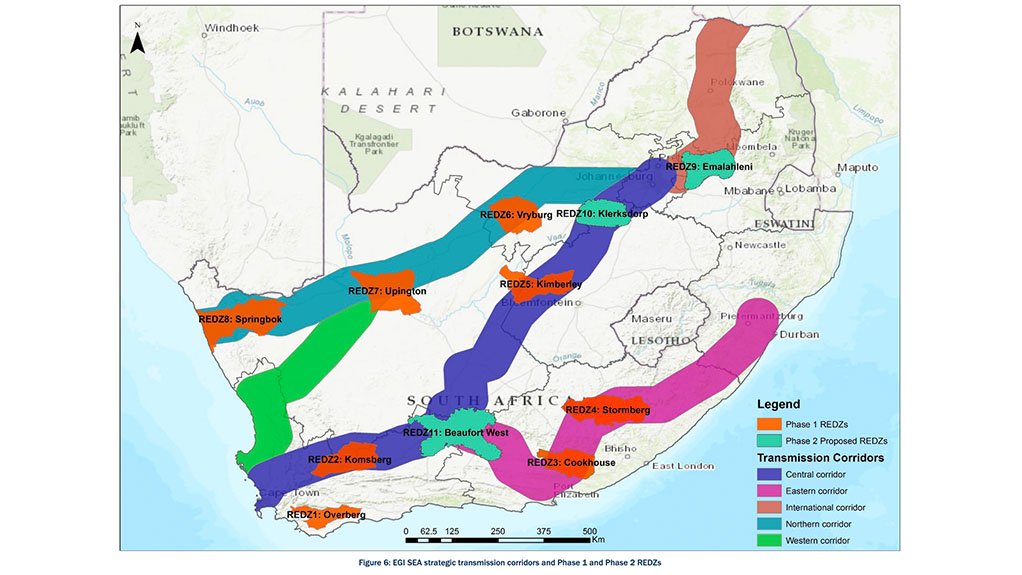 South Africa's approved and proposed REDZs relative to the existing power corridors