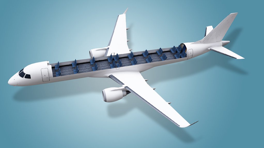 A computer model of an Embraer E-Jet showing most of its seats removed to make space for cargo 