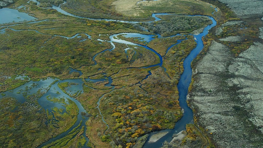 Aerial view of braided wetlands and tundra that is typical of the Bristol Bay watershed in Alaska. 