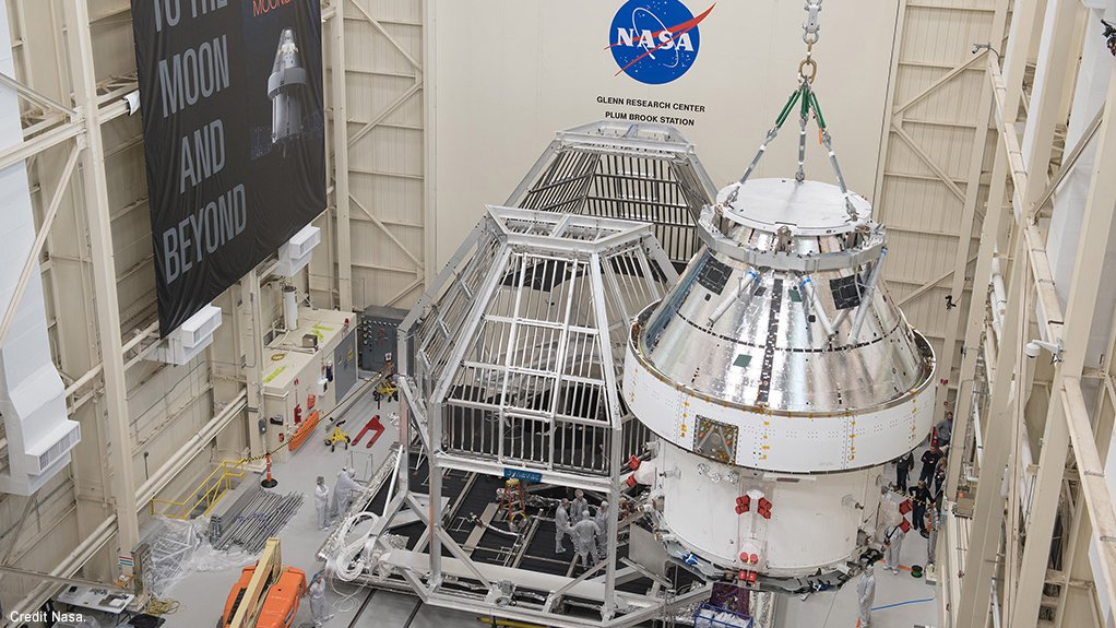 The Orion spacecraft (right foreground) for the Artemis I mission, photographed earlier in its test process in a Nasa thermal chamber