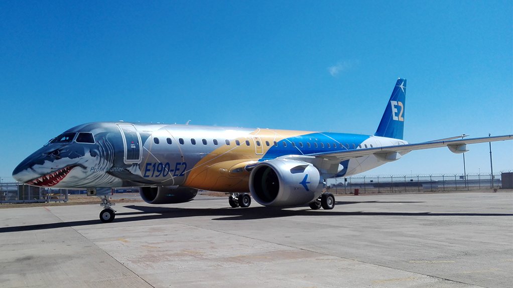 An Embraer E190-E2 airliner, pictured in South Africa on a demonstration tour