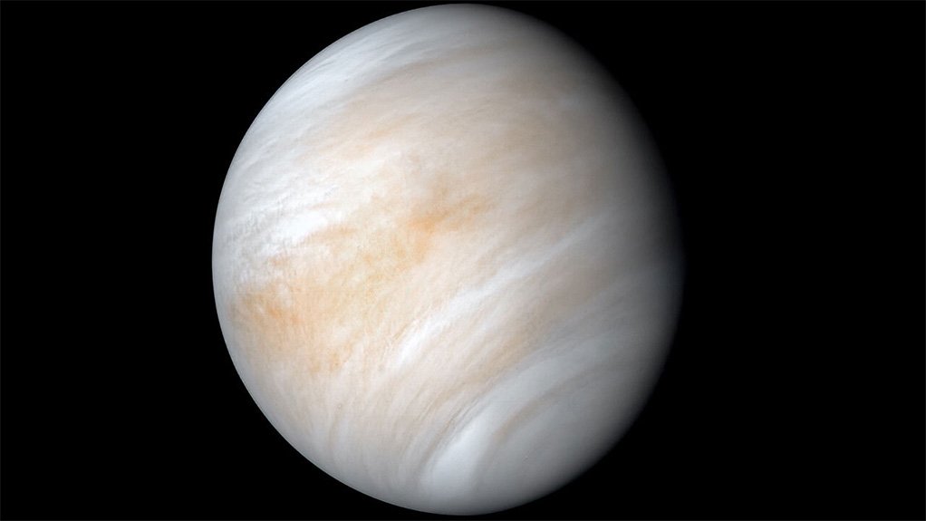 A 1974 visible wavelength image of Venus, taken by the Mariner 10 spacecraft and recently reprocessed with modern technology to make the structure of its clouds more visible. 