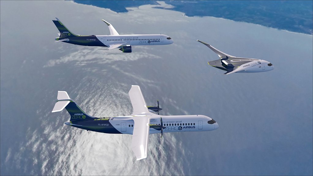 An artist’s impression of the three ZEROe concept designs, with the BWB in the lead, the turbofan design in the rear and the turboprop design in front