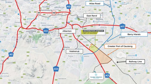 Map showing the location of Distribution Junxion Port of Gauteng and Tambo-Springs Logistics Gateway in relation to the road and rail networks in the region.