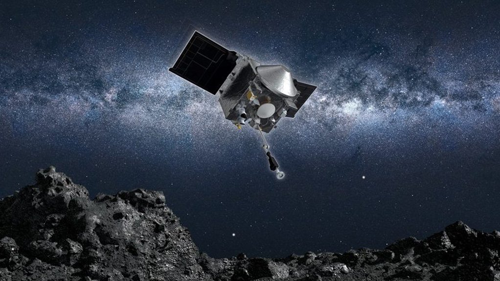 Artist’s impression of OSIRIS-REx, with TAGSAM arm extended, about to conduct its touch-and-go with asteroid Bennu
