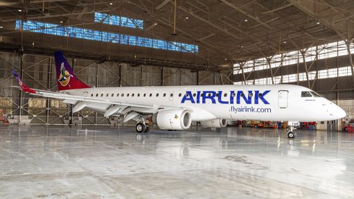 One of Airlink’s flagship Embraer E190 airliners, painted in the airline’s new livery.