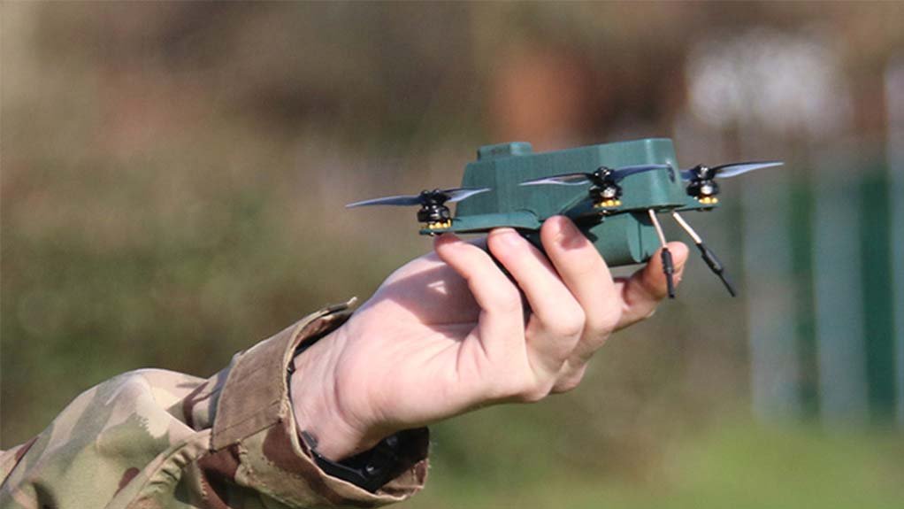 A Bug nano-UAV before being hand-launched