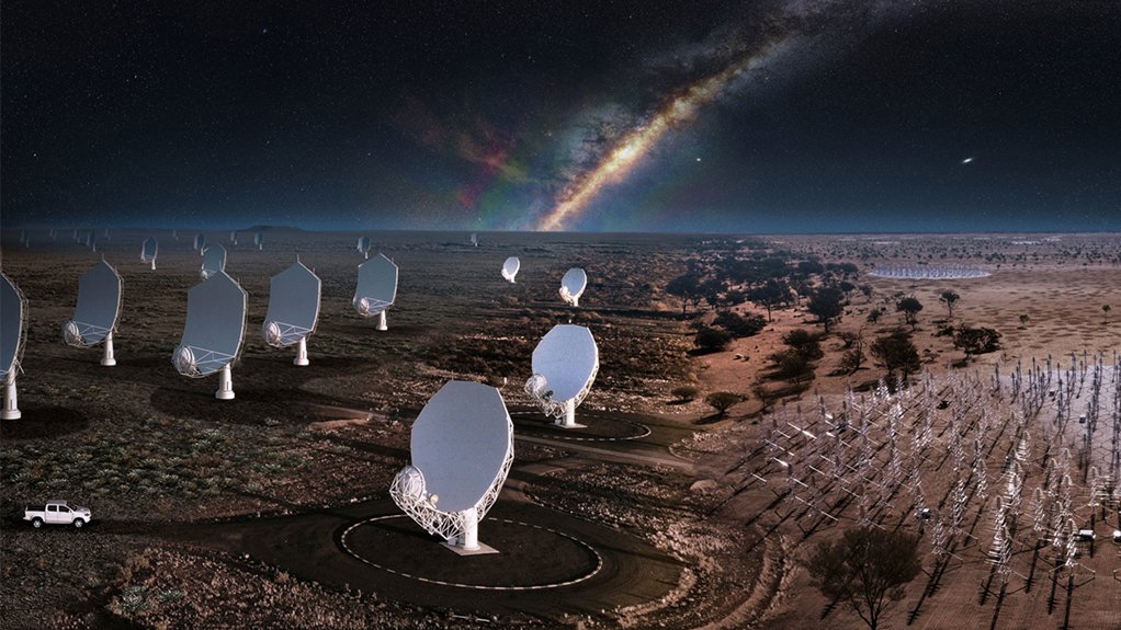 A composite computer nocturnal image showing the South African SKA on the left and the Australian SKA on the right