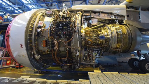 A Trent 7000 engine, with nacelle removed, on the wing of an A330neo