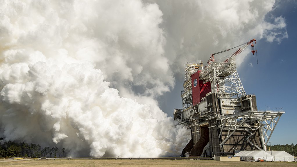 The SLS core stage second hot fire test being conducted at the B-2 test stand