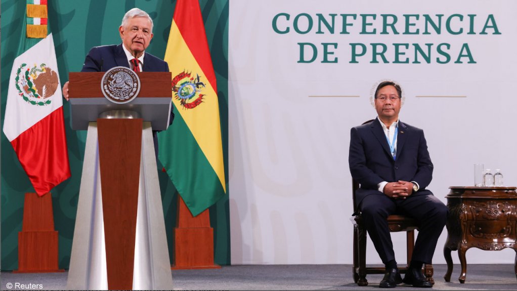 Mexico President Andres Manuel Lopez Obrador and his Bolivian counterpart Luis Arce at a press briefing in Mexico City on Wednesday.