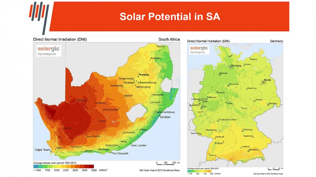 Map shows South Africa's major sun power to produce electricity to produce green hydrogen. 