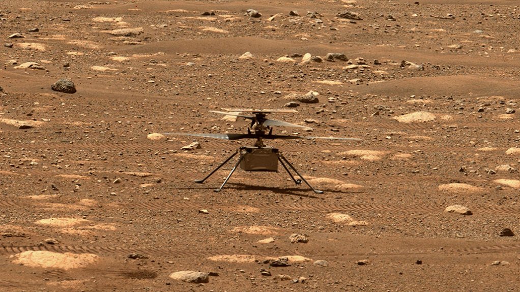 The Ingenuity helicopter sitting on the Martian surface