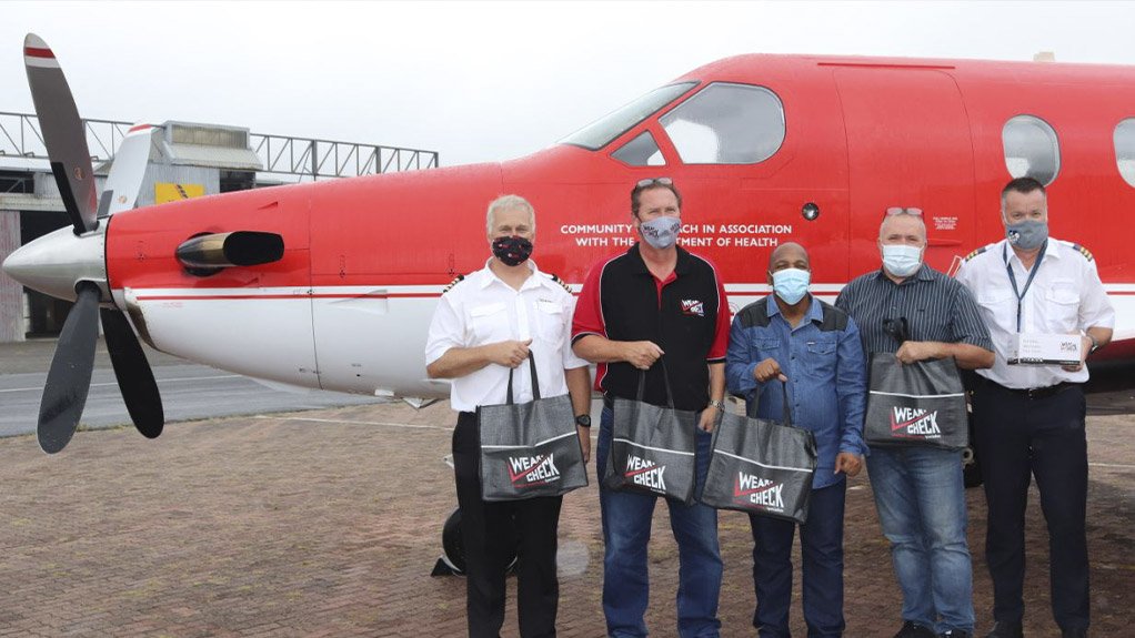WearCheck recently began sponsoring an ongoing condition monitoring programme for the Air Mercy Service (AMS). At the handover of the first kits are (from left) senior pilot Helius Smit, Guy Letellier of WearCheck, , AMS technical controller Lunga Sityebi, AMS AMO manager Marc Lawson and AMS volunteer fixed wing pilot Mark Parker