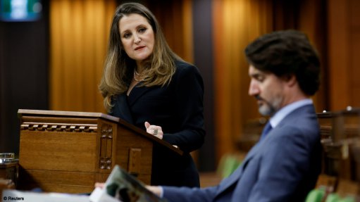 Finance Minister Chrystia Freeland looks at Prime Minister Justin Trudeau as she delivers the Budget in the House of Commons on Parliament Hill in Ottawa on Monday.