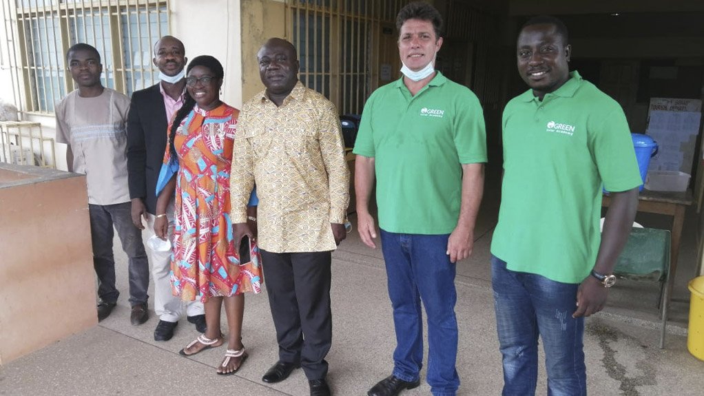 GREEN Solar Academy Ghana Director, Dennis Wiredu Asare (far right), and GREEN Solar Academy South Africa Trainer, Peter Pretorius (second from right), are pictured with some of the lecturers who are completing the Training of Trainers course at Takoradi Technical University in Ghana. 