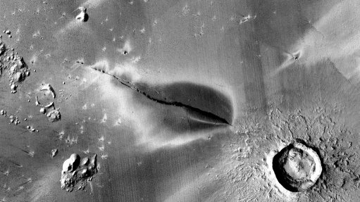 Satellite image showing the recent volcanic deposit around a fissure in the Cerberus Fossae system