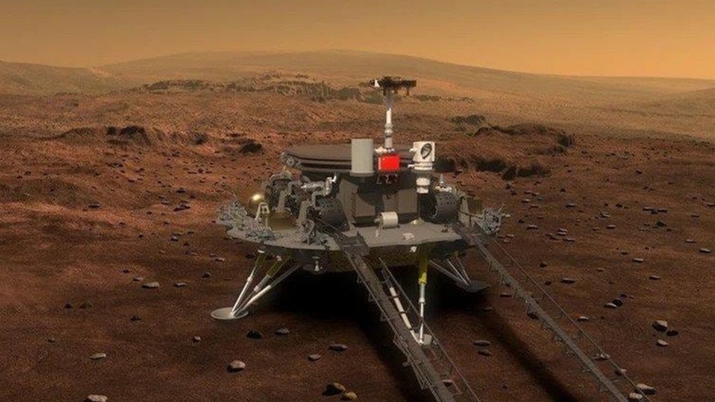 Artist’s impression of the Zhurong rover on its lander platform on Mars