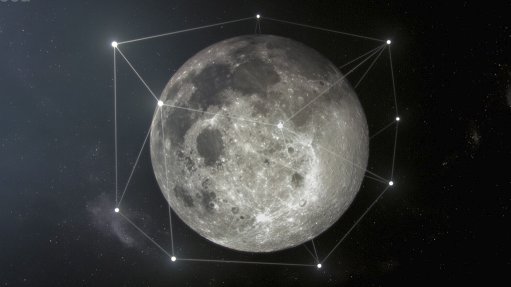 A communications satellite constellation schematic superimposed on a photo of the Moon