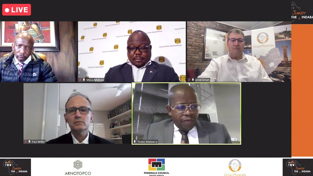 From top clockwise, ENSafrica COO Otsile Matlou, Geoscience CEO Mosa Mabuza, Orion Minerals CEO Errol Smart, DMRE DG Advocate Thabo Mokoena and AmaranthCX director Paul Miller.