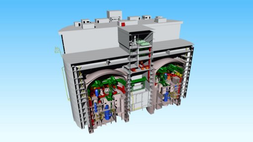 A cutaway diagram of a nuclear power plant with two ACP100 reactors