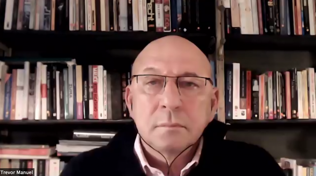 Former Finance Minister Trevor Manuel listening to questions posed by the Centre for Development and Enterprise's Ann Bernstein during a webinar this week