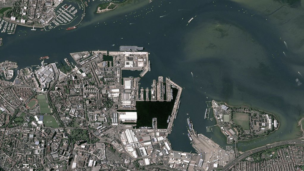 An Airbus Defence and Space Pléiades satellite image of the UK’s Portsmouth Naval Dockyard – visible centre top is the aircraft carrier HMS Queen Elizabeth