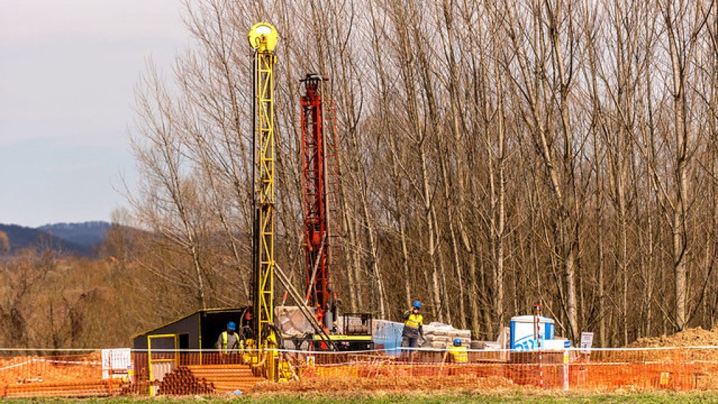 A drilling rig at a mining project site in Serbia