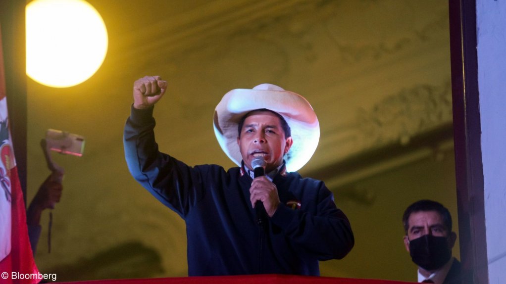 An image of Peru's President Pedro Castillo speaking to supporters.