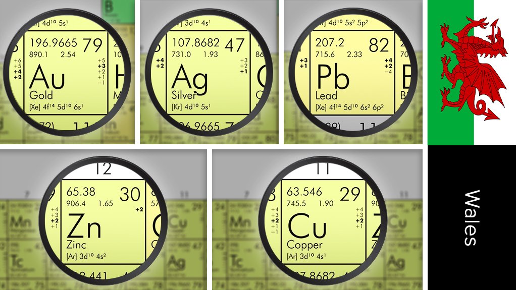 Image of Wales flag and periodic table symbols for copper/zinc/lead/gold/silver