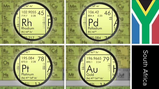 Image of South Africa flag and periodic table symbols for platinum, palladium, rhodium and gold.