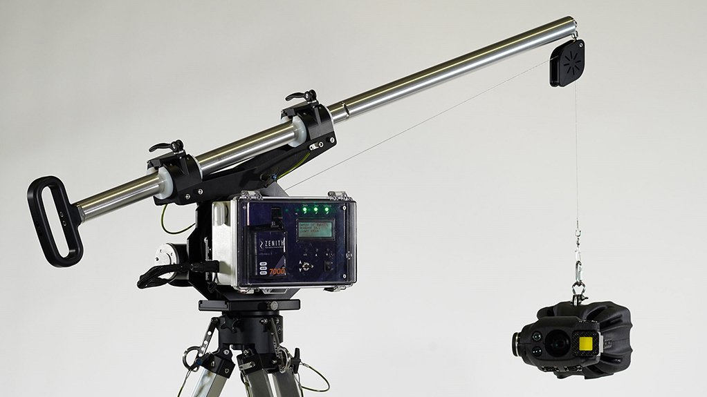 A photo of the fully assembled Zenith robotic inspection device including camera, controller and tripod